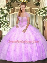 Lilac Tulle Lace Up Strapless Sleeveless Floor Length 15th Birthday Dress Appliques and Ruffles