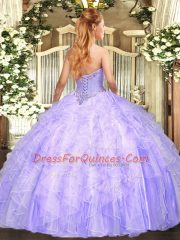 Lilac Tulle Lace Up Strapless Sleeveless Floor Length 15th Birthday Dress Appliques and Ruffles