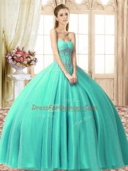 Beading 15th Birthday Dress Turquoise Lace Up Sleeveless Floor Length