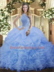 Sleeveless Organza Floor Length Lace Up Sweet 16 Dresses in Blue with Beading and Ruffles and Pick Ups