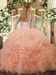 Sleeveless Organza Floor Length Lace Up Sweet 16 Dresses in Blue with Beading and Ruffles and Pick Ups