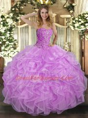 Unique Lilac Lace Up Quinceanera Gowns Beading and Ruffles Sleeveless Floor Length