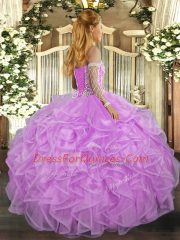 Unique Lilac Lace Up Quinceanera Gowns Beading and Ruffles Sleeveless Floor Length