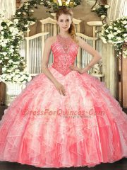 Romantic High-neck Sleeveless Sweet 16 Dress Floor Length Beading and Ruffles Watermelon Red Organza