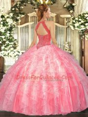Romantic High-neck Sleeveless Sweet 16 Dress Floor Length Beading and Ruffles Watermelon Red Organza