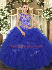 Charming Sleeveless Organza Floor Length Lace Up Sweet 16 Quinceanera Dress in Royal Blue with Beading and Ruffles