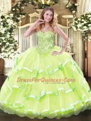 Yellow Green Sleeveless Floor Length Appliques and Ruffled Layers Lace Up Quinceanera Dresses