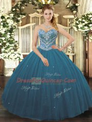 Sleeveless Floor Length Beading Lace Up Quince Ball Gowns with Teal