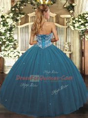 Sleeveless Floor Length Beading Lace Up Quince Ball Gowns with Teal