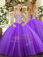 Lavender Sleeveless Floor Length Beading and Appliques Lace Up Quinceanera Dress