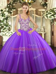 Lavender Sleeveless Floor Length Beading and Appliques Lace Up Quinceanera Dress