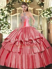 Floor Length Lace Up Ball Gown Prom Dress Coral Red for Military Ball and Sweet 16 and Quinceanera with Beading and Ruffled Layers