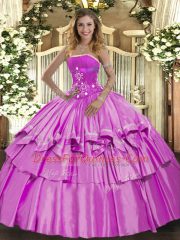 Admirable Lilac Quince Ball Gowns Military Ball and Sweet 16 and Quinceanera with Beading and Ruffled Layers Strapless Sleeveless Lace Up