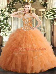Elegant Tulle Sweetheart Sleeveless Lace Up Beading and Ruffles Quinceanera Dress in Orange