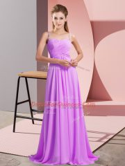 On Sale Spaghetti Straps Sleeveless Prom Party Dress Sweep Train Ruching Lilac Chiffon