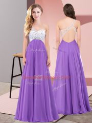 Empire Eggplant Purple One Shoulder Chiffon Sleeveless Floor Length Lace Up