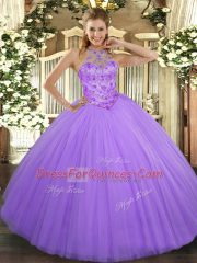 Sleeveless Floor Length Beading Lace Up Quinceanera Gowns with Lavender