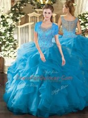 Modern Floor Length Clasp Handle Sweet 16 Dress Teal for Military Ball and Sweet 16 and Quinceanera with Beading and Ruffled Layers