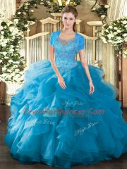 Modern Floor Length Clasp Handle Sweet 16 Dress Teal for Military Ball and Sweet 16 and Quinceanera with Beading and Ruffled Layers