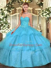 Best Selling Sweetheart Sleeveless Lace Up Quinceanera Gowns Aqua Blue Tulle