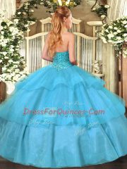 Best Selling Sweetheart Sleeveless Lace Up Quinceanera Gowns Aqua Blue Tulle