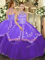 Satin and Tulle Halter Top Sleeveless Lace Up Beading and Embroidery Quinceanera Gown in Purple