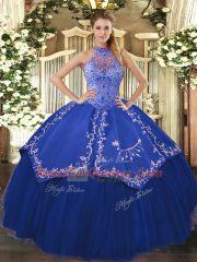 Extravagant Halter Top Sleeveless Lace Up Quinceanera Dresses Blue Tulle