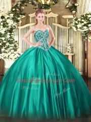 Custom Designed Turquoise Sweetheart Neckline Beading Quince Ball Gowns Sleeveless Lace Up