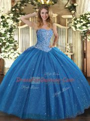 Dazzling Blue Tulle Lace Up Sweet 16 Quinceanera Dress Sleeveless Floor Length Beading