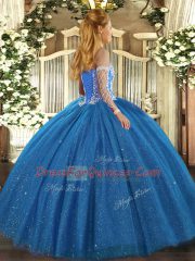 Dazzling Blue Tulle Lace Up Sweet 16 Quinceanera Dress Sleeveless Floor Length Beading