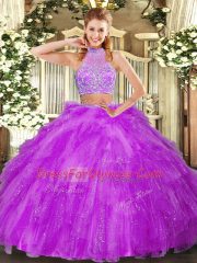 Custom Fit Fuchsia Two Pieces Halter Top Sleeveless Tulle Floor Length Criss Cross Beading and Ruffles Quinceanera Dresses