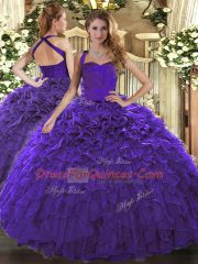 Delicate Purple Ball Gowns Ruffles Quinceanera Dresses Lace Up Organza Sleeveless Floor Length