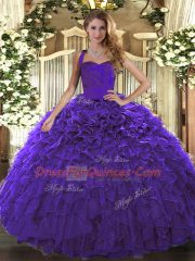 Delicate Purple Ball Gowns Ruffles Quinceanera Dresses Lace Up Organza Sleeveless Floor Length