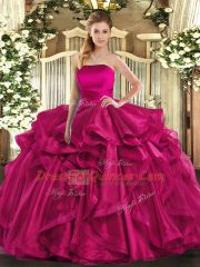Hot Pink Ball Gowns Strapless Sleeveless Organza Floor Length Lace Up Ruffles 15 Quinceanera Dress