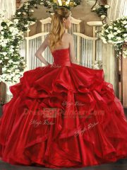 Hot Pink Ball Gowns Strapless Sleeveless Organza Floor Length Lace Up Ruffles 15 Quinceanera Dress