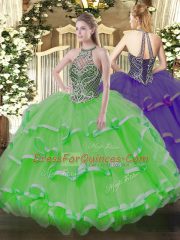 Eye-catching Organza Lace Up Halter Top Sleeveless Floor Length Quinceanera Dresses Beading and Ruffles
