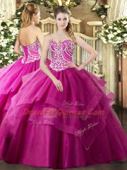 Fuchsia Sweet 16 Dress Military Ball and Sweet 16 and Quinceanera with Beading and Ruffled Layers Sweetheart Sleeveless Lace Up