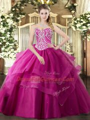 Fuchsia Sweet 16 Dress Military Ball and Sweet 16 and Quinceanera with Beading and Ruffled Layers Sweetheart Sleeveless Lace Up