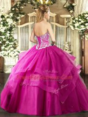Fuchsia Sweet 16 Dress Military Ball and Sweet 16 and Quinceanera with Beading and Ruffled Layers Sweetheart Sleeveless Lace Up