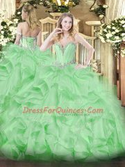 New Arrival Apple Green Ball Gowns Sweetheart Sleeveless Organza Floor Length Lace Up Beading and Ruffles Ball Gown Prom Dress