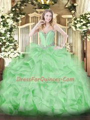 New Arrival Apple Green Ball Gowns Sweetheart Sleeveless Organza Floor Length Lace Up Beading and Ruffles Ball Gown Prom Dress