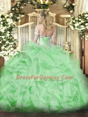 New Arrival Apple Green Ball Gowns Sweetheart Sleeveless Organza Floor Length Lace Up Beading and Ruffles Ball Gown Prom Dress