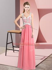 Most Popular Watermelon Red Sleeveless Floor Length Lace Zipper Dress for Prom
