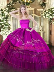 Sleeveless Floor Length Embroidery and Ruffled Layers Zipper Quinceanera Dresses with Fuchsia