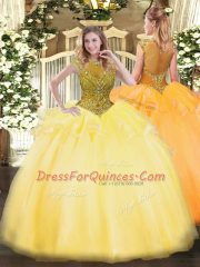 Fantastic Gold Ball Gowns Organza Scoop Cap Sleeves Beading and Appliques Floor Length Zipper Quince Ball Gowns
