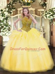 Fantastic Gold Ball Gowns Organza Scoop Cap Sleeves Beading and Appliques Floor Length Zipper Quince Ball Gowns