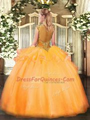 Fantastic Gold Ball Gowns Organza Scoop Cap Sleeves Beading and Appliques Floor Length Zipper Quince Ball Gowns