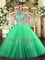 Sleeveless Tulle Floor Length Lace Up Quinceanera Dresses in Green with Beading