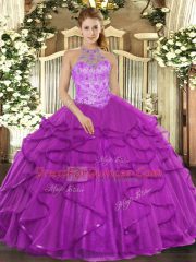 Purple Sleeveless Floor Length Beading and Ruffles Lace Up Quinceanera Gowns