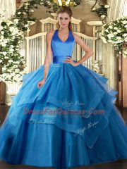 Nice Blue Lace Up Halter Top Ruffled Layers Quinceanera Dresses Tulle Sleeveless